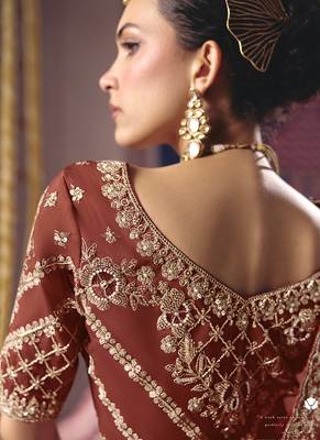 rust viscose zari tissue heavy embroidery designer saree 3