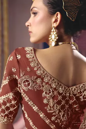 rust viscose zari tissue heavy embroidery designer saree