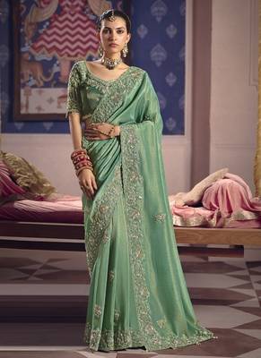 pista zari tissue heavy embroidery designer saree 1