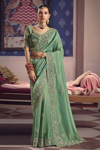 pista zari tissue heavy embroidery designer saree