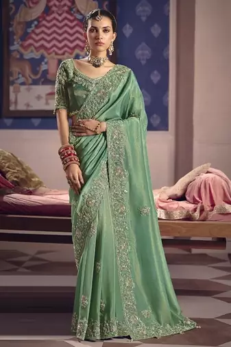 pista zari tissue heavy embroidery designer saree