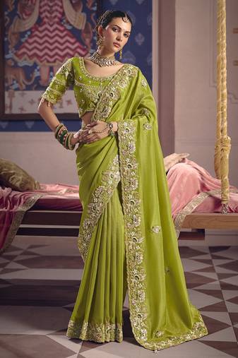 parrot green zari tissue heavy embroidery designer saree