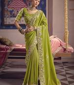 parrot green zari tissue heavy embroidery designer saree