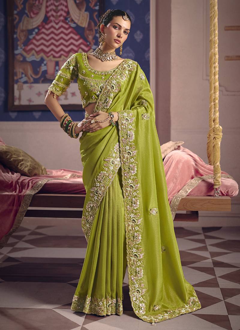 parrot green zari tissue heavy embroidery designer saree