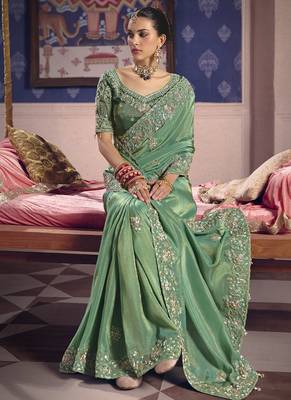pista zari tissue heavy embroidery designer saree 2
