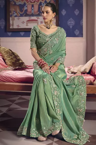 pista zari tissue heavy embroidery designer saree