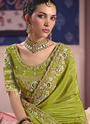 parrot green zari tissue heavy embroidery designer saree 2