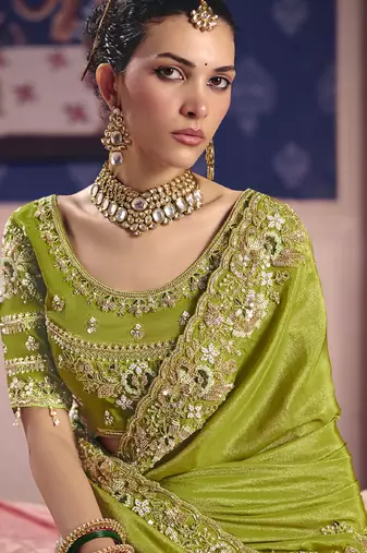 parrot green zari tissue heavy embroidery designer saree