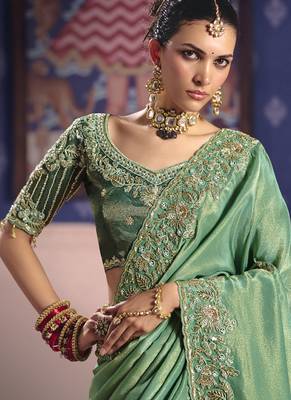 pista zari tissue heavy embroidery designer saree 3