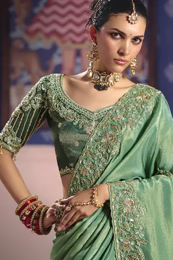 pista zari tissue heavy embroidery designer saree