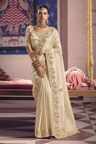 off white zari tissue heavy embroidery designer saree