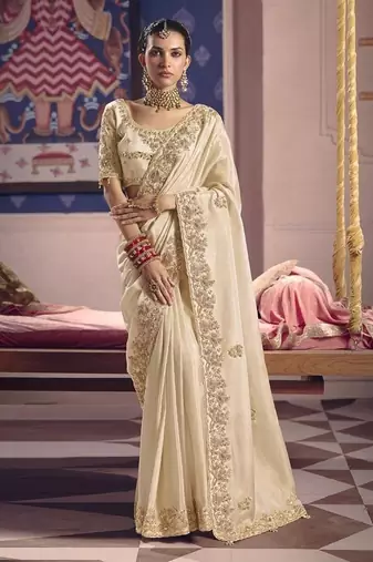 off white zari tissue heavy embroidery designer saree