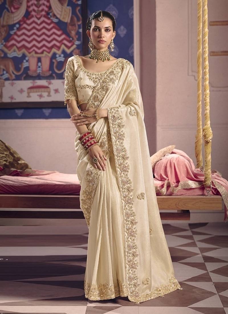 off white zari tissue heavy embroidery designer saree