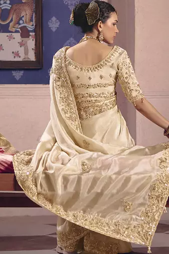 off white zari tissue heavy embroidery designer saree