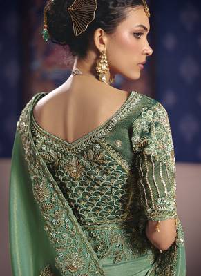pista zari tissue heavy embroidery designer saree 4