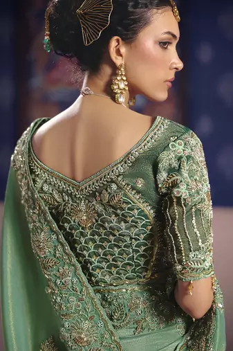 pista zari tissue heavy embroidery designer saree