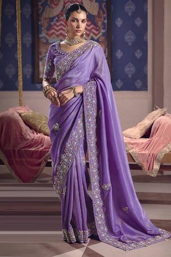 lavender zari tissue heavy embroidery designer saree