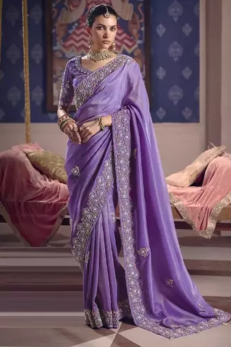 lavender zari tissue heavy embroidery designer saree