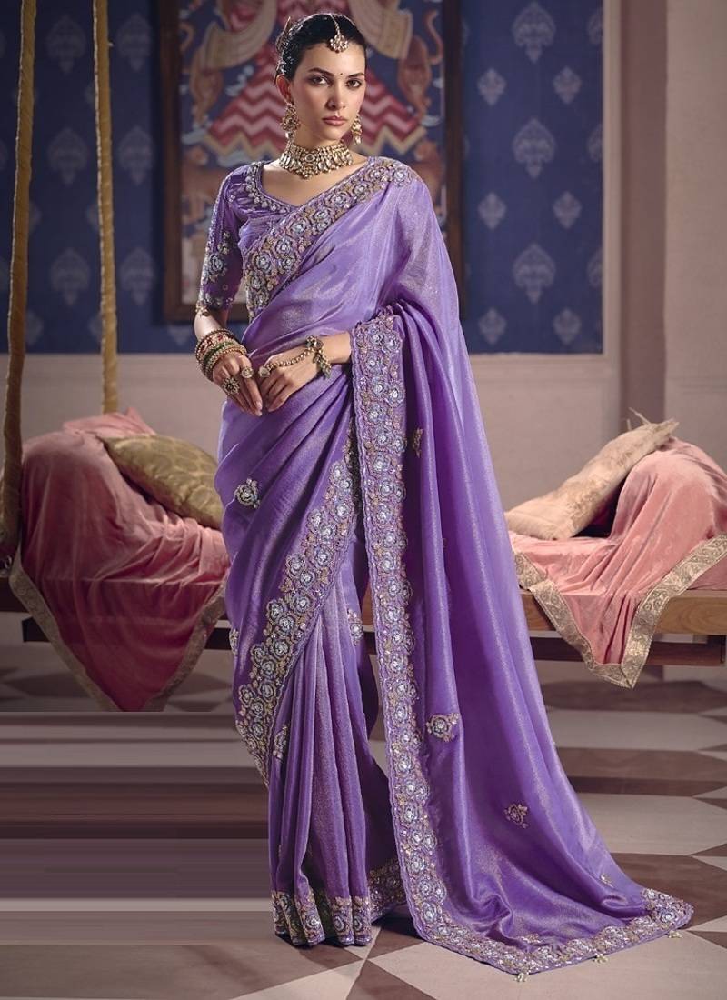 lavender zari tissue heavy embroidery designer saree