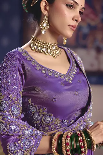lavender zari tissue heavy embroidery designer saree