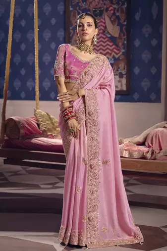 baby pink zari tissue heavy embroidery designer saree