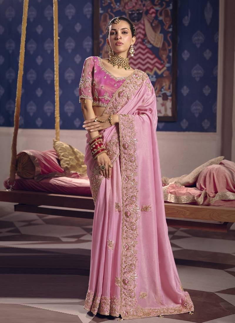 baby pink zari tissue heavy embroidery designer saree