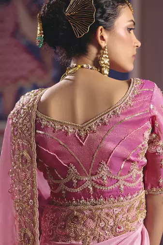 baby pink zari tissue heavy embroidery designer saree