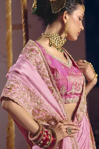 baby pink zari tissue heavy embroidery designer saree
