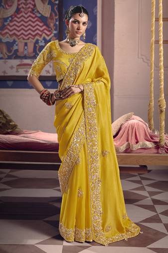 yellow tissue heavy embroidery designer saree