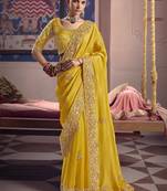 yellow tissue heavy embroidery designer saree