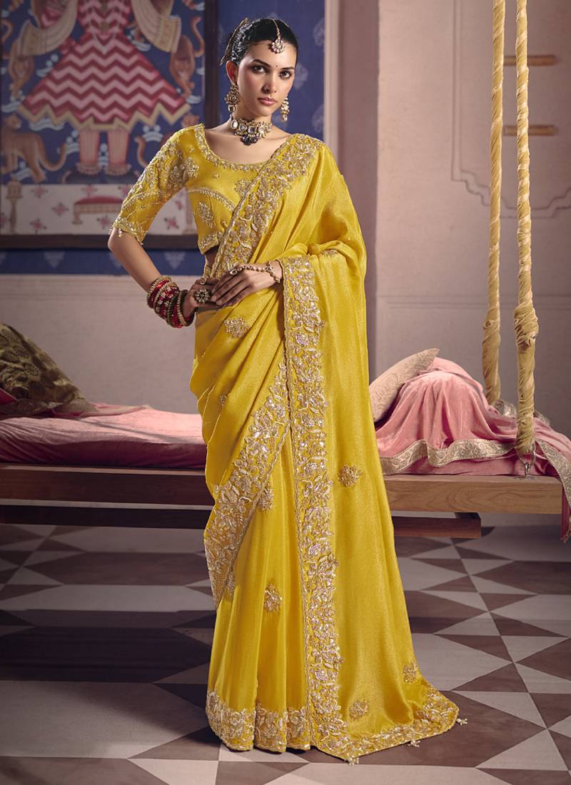 yellow tissue heavy embroidery designer saree