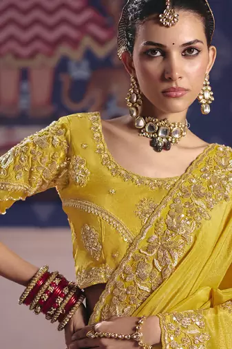 yellow tissue heavy embroidery designer saree