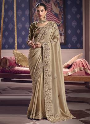 beige tissue heavy embroidery designer saree 1