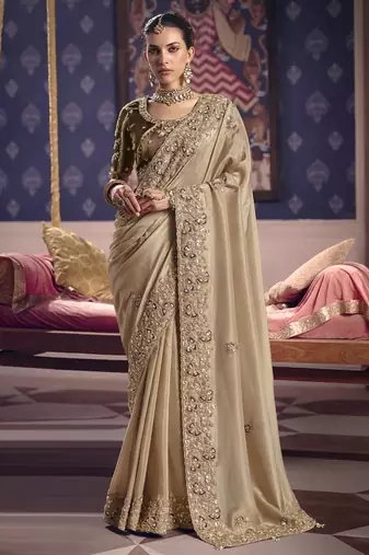 beige tissue heavy embroidery designer saree