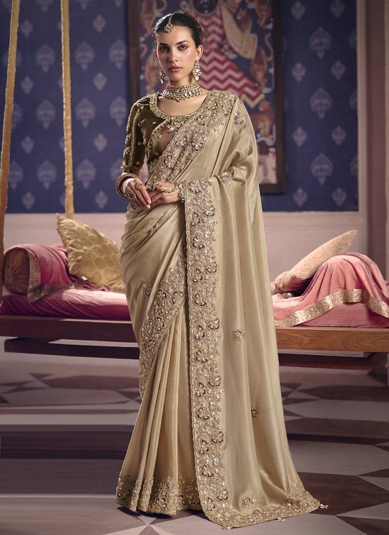 beige tissue heavy embroidery designer saree
