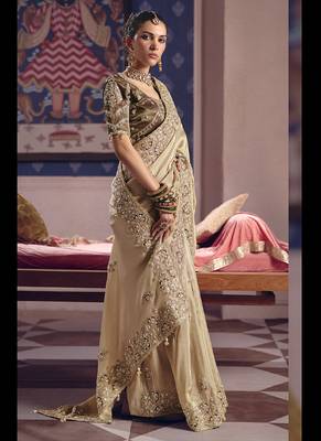 beige tissue heavy embroidery designer saree 2