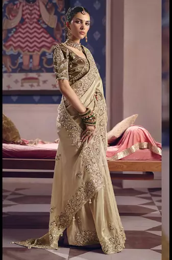 beige tissue heavy embroidery designer saree