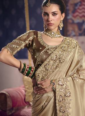 beige tissue heavy embroidery designer saree 3