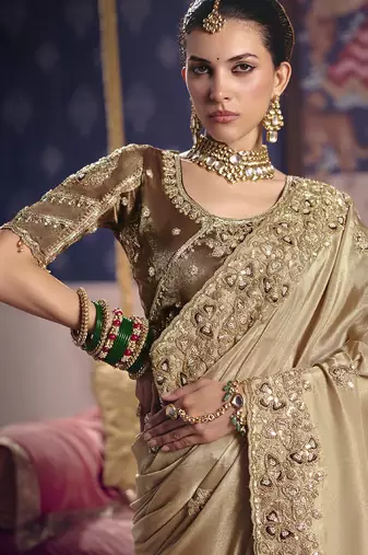 beige tissue heavy embroidery designer saree