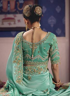 turquoise  tissue heavy embroidery designer saree 3