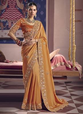 orange tissue heavy embroidery designer saree 1