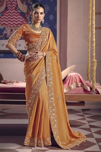 orange tissue heavy embroidery designer saree