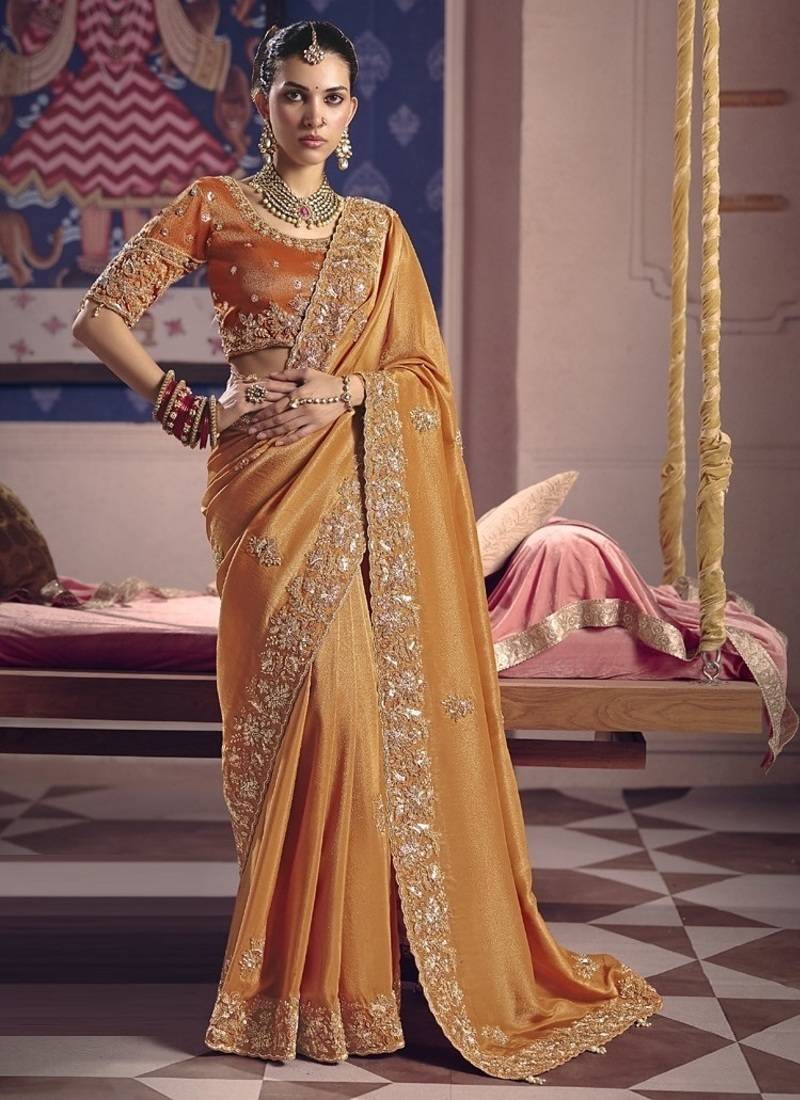 orange tissue heavy embroidery designer saree