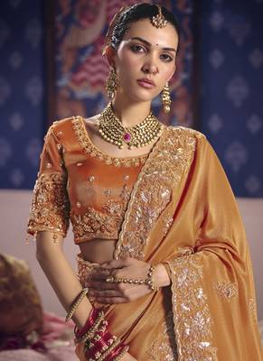 orange tissue heavy embroidery designer saree 2