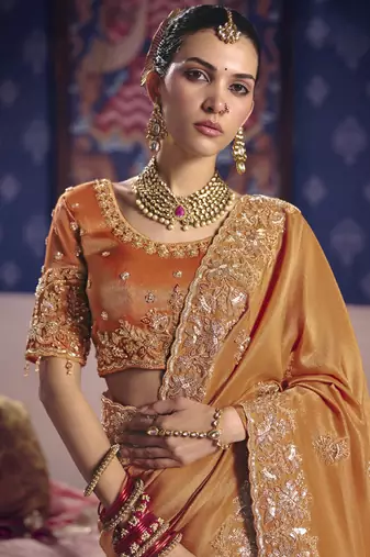 orange tissue heavy embroidery designer saree