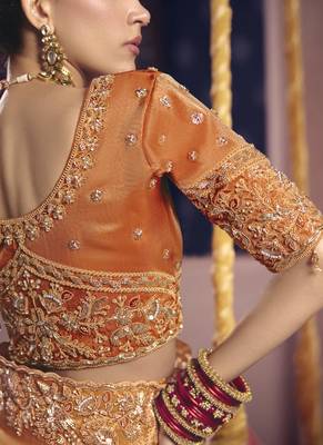 orange tissue heavy embroidery designer saree 3