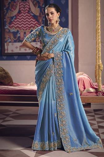 shaded sky blue tissue heavy embroidery designer saree