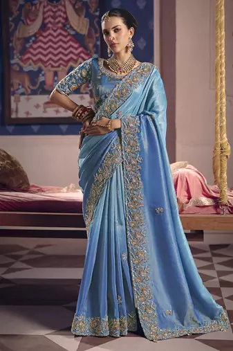 shaded sky blue tissue heavy embroidery designer saree