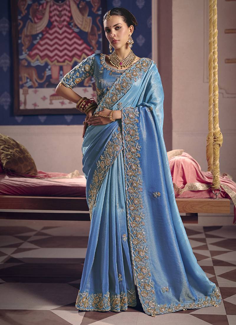shaded sky blue tissue heavy embroidery designer saree