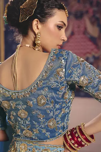 shaded sky blue tissue heavy embroidery designer saree